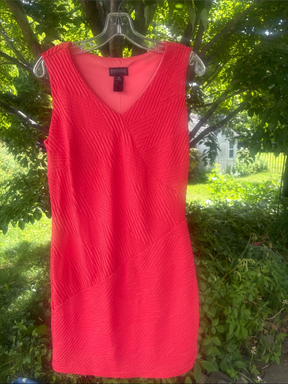 Enfocus Studio Textured V-Neck Mini Dress in Coral Pink
